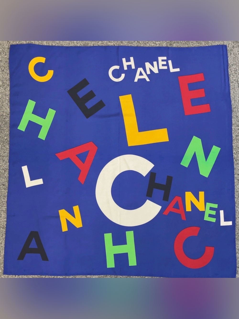 CHANEL Multicolor Letter Print Blue 100% Silk Scarf